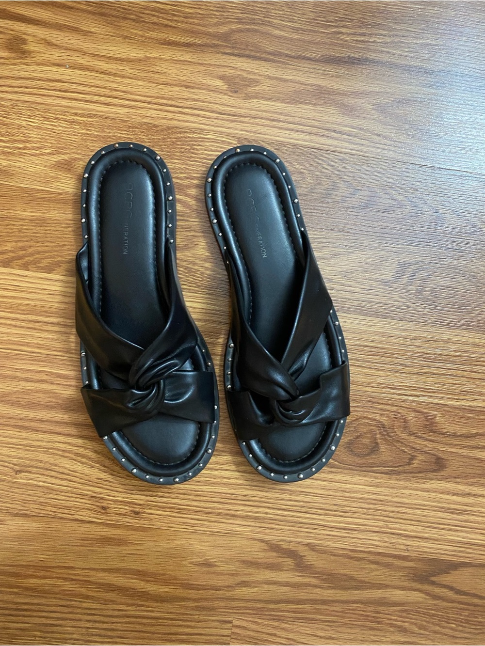 BCBGeneration Black Knotted Slide Sandals with Studded Trim